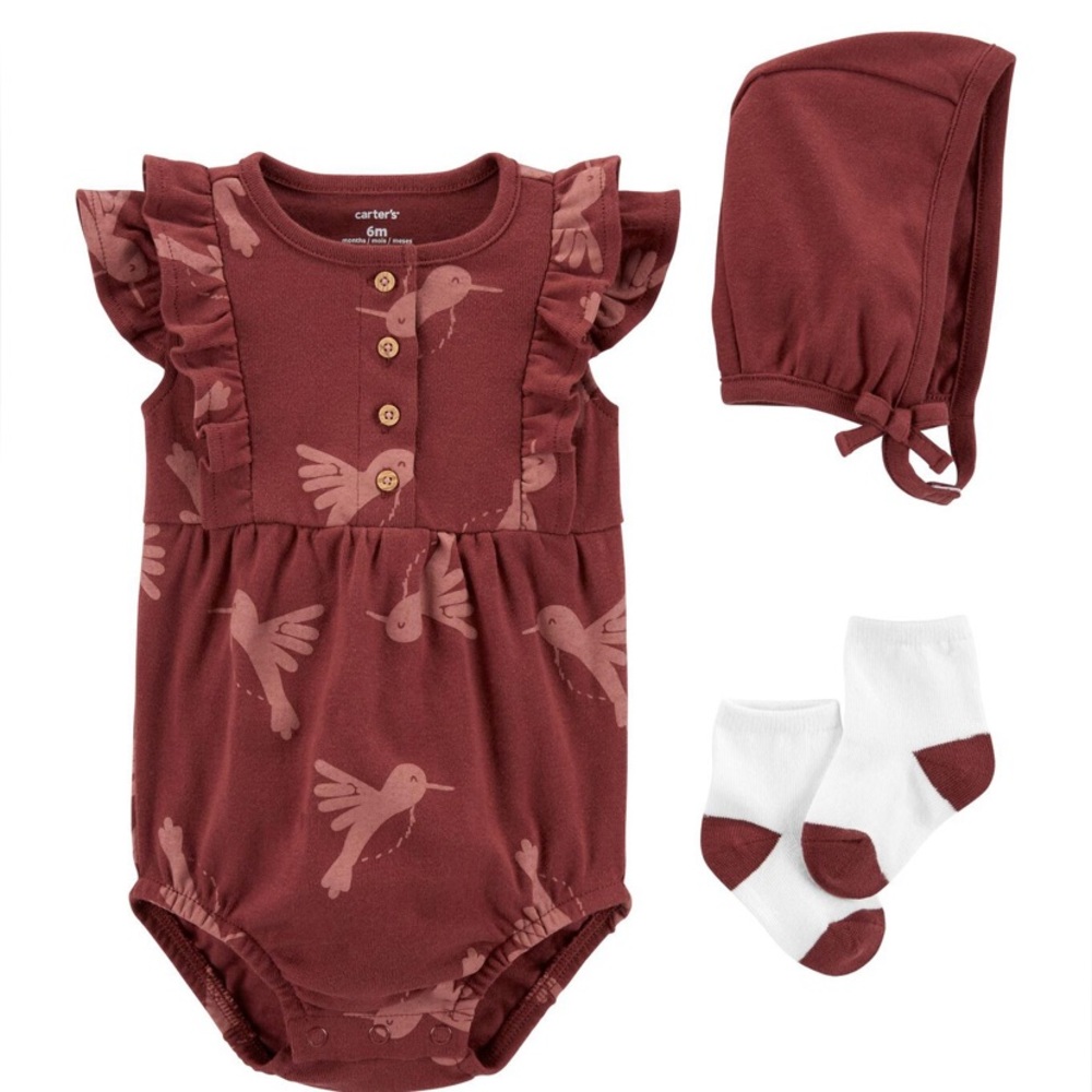 Baby Girl Bird 3-Piece Bodysuit, Bonnet, Socks Outfit Set
